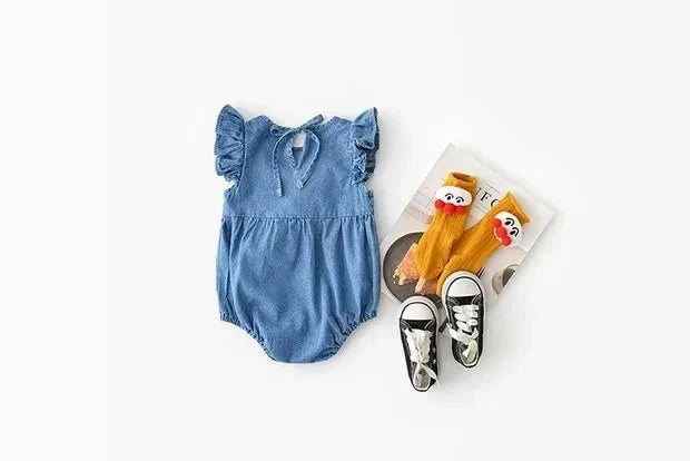 Newborn Baby Girl Soft Ruffle Denim Short Comfortable Jumpsuit