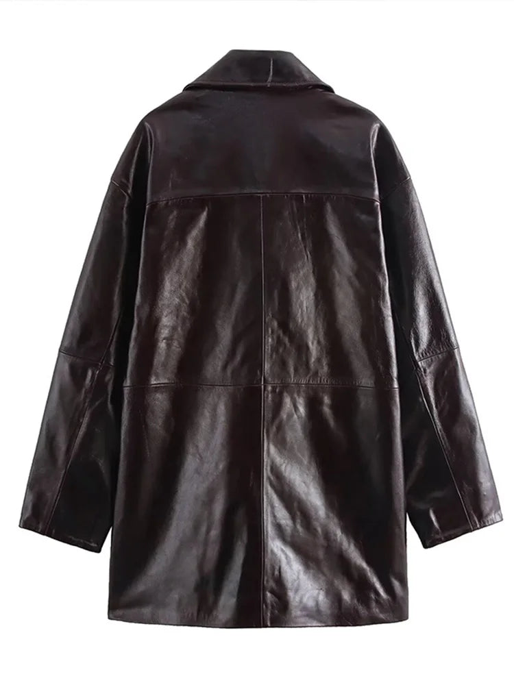 Women Leather High Waist A-line Skirt Suits