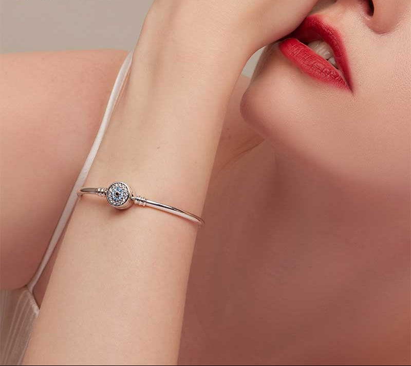 Sterling Silver 925 Blue Evil Eye Bangle Bracelet
