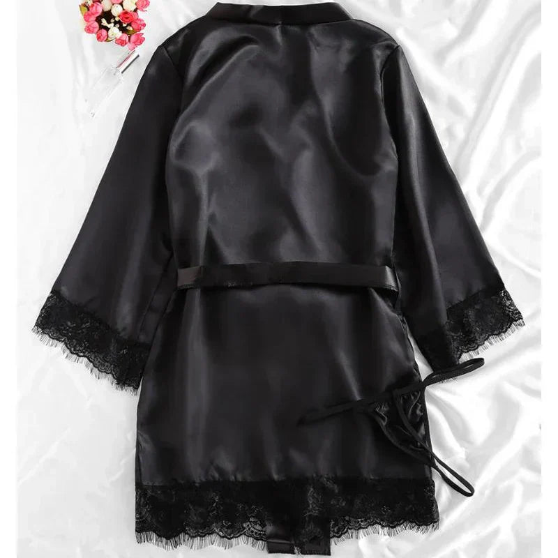 Women Satin 4-piece Lace Silk Pajamas Set
