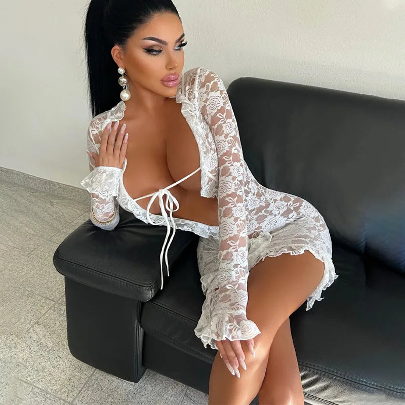 Women Lace See Through Deep V-neck Bodycon Mini Dress