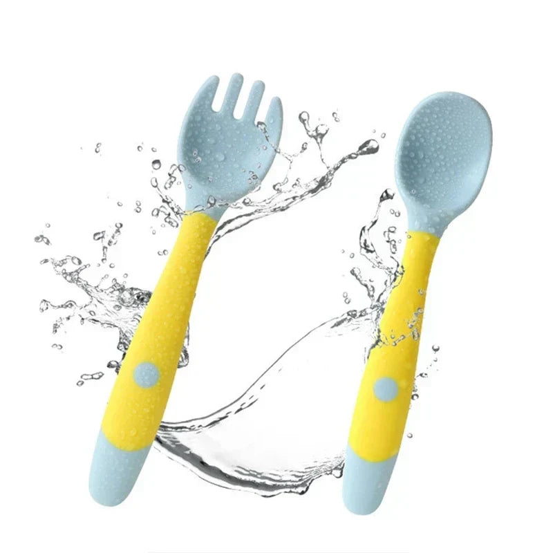 Kids Baby Spoon Fork Soft Bendable Silicone Scoop Fork Kit Tableware