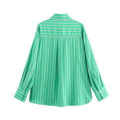 Women Green Long Sleeve Striped Collar Shirts
