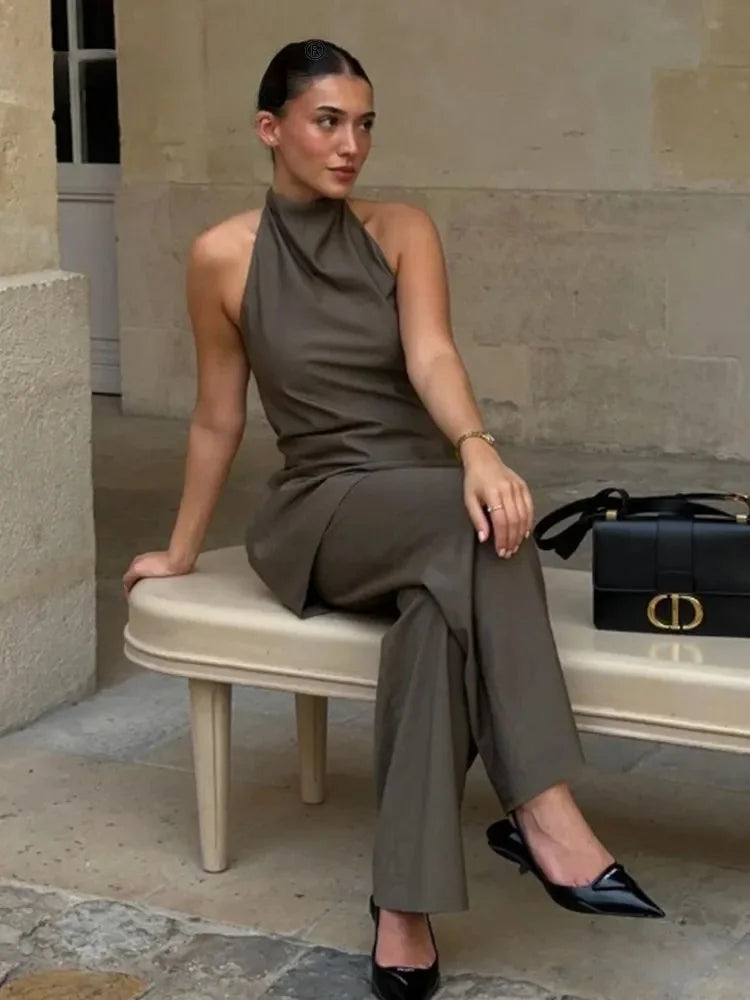Woman Elegant Halter Tops & Straight Leg Pants Suit
