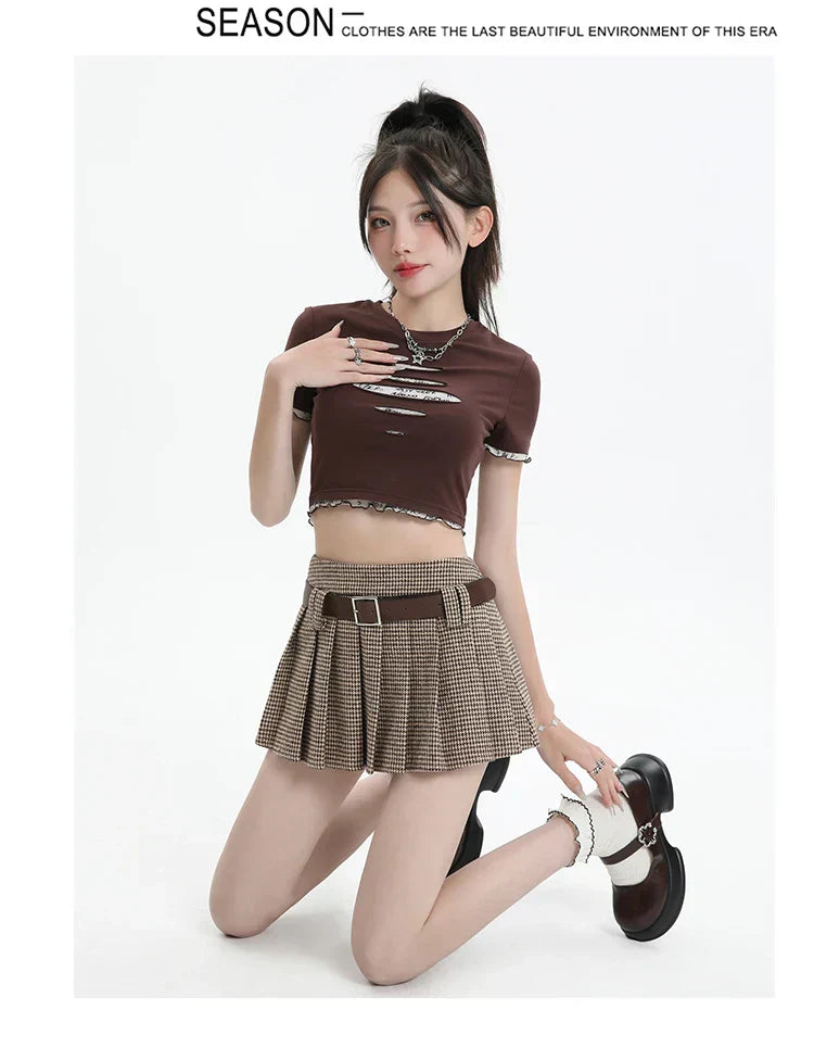 Women College Style Grid Pleated High Waist A-line Short Skirts