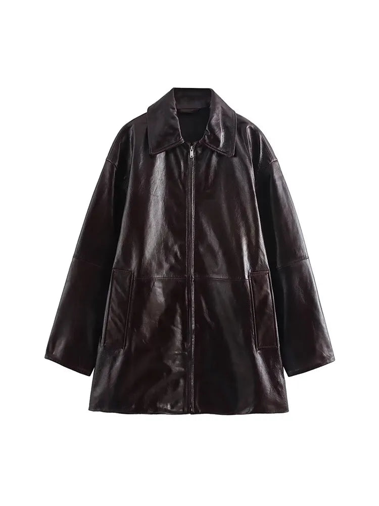 Women Leather High Waist A-line Skirt Suits