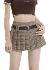 Women College Style Grid Pleated High Waist A-line Short Skirts
