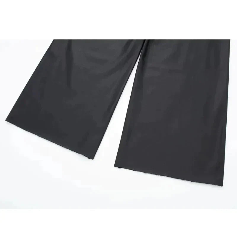 Women Casual Black Leather High Waist Wide Leg Pants