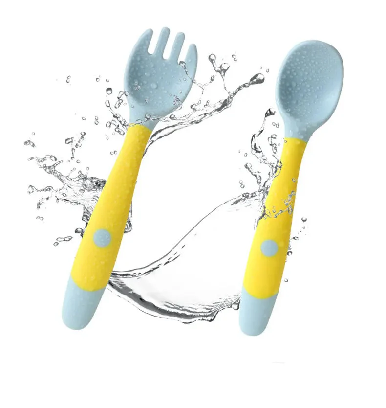 Kids Baby Spoon Fork Soft Bendable Silicone Scoop Fork Kit Tableware