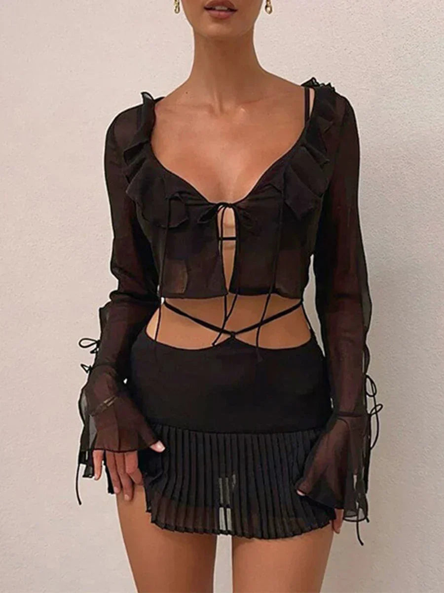 Women Sheer Chiffon Ruffle Tie Up Cardigan + Mini Skirt Outfits