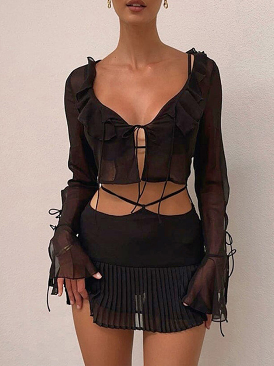 Women Sheer Chiffon Ruffle Tie Up Cardigan + Mini Skirt Outfits