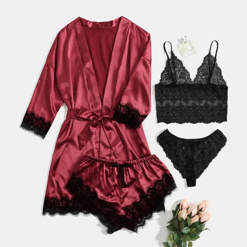 Women Satin 4-piece Lace Silk Tops Shorts Robe Pajamas Set