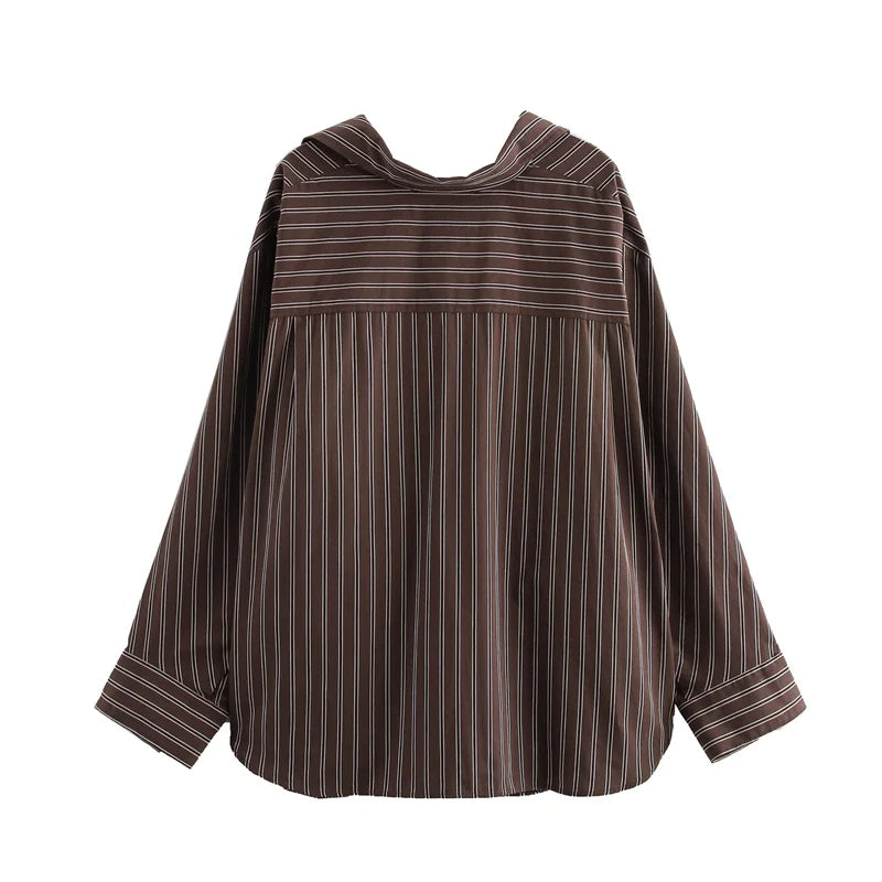 Women Long Sleeves Vertical Stripe Formal Shirt