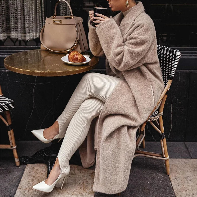 Women Casual Lapel Woolen Long Coat