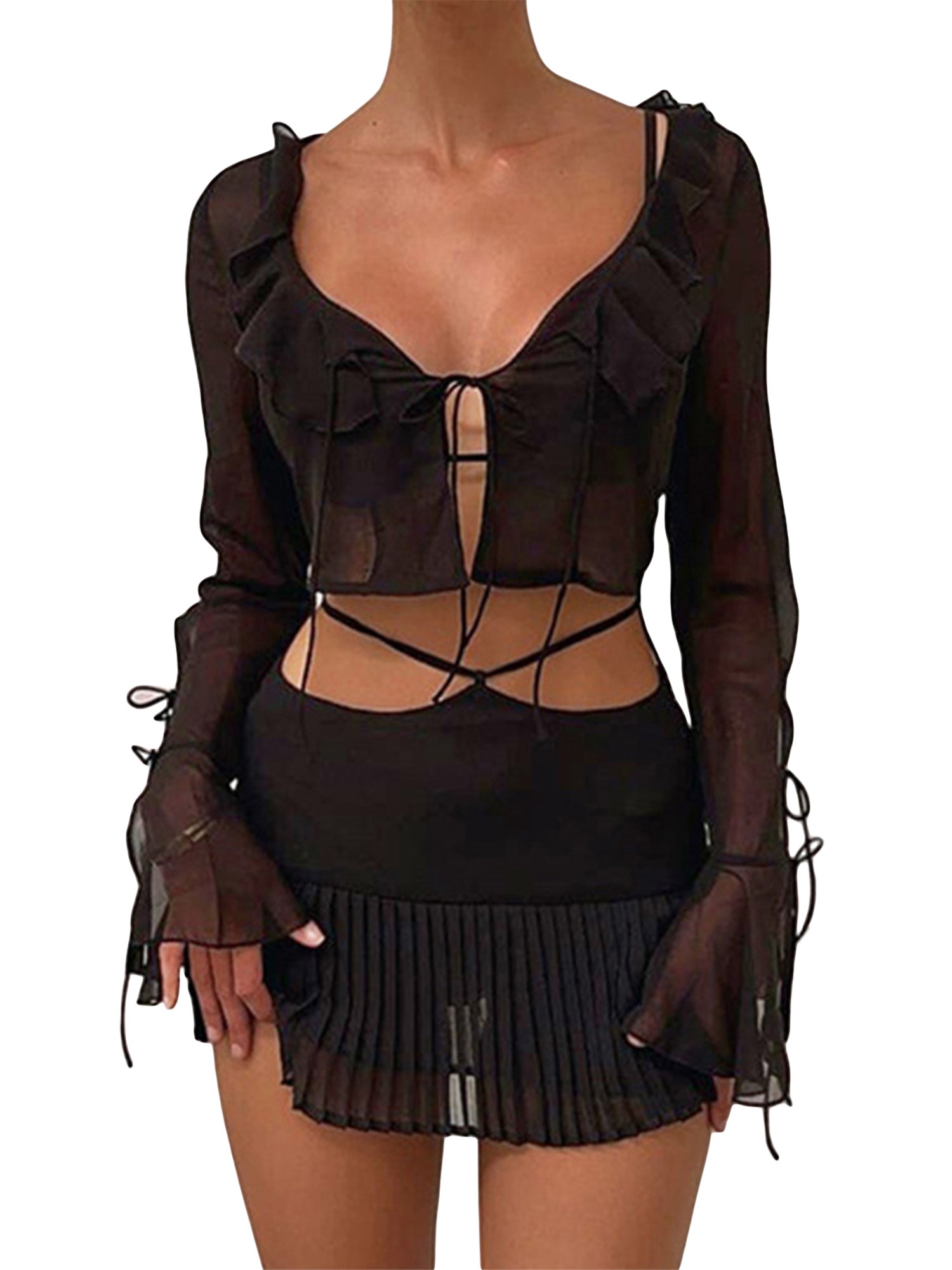 Women Sheer Chiffon Ruffle Tie Up Cardigan + Mini Skirt Outfits