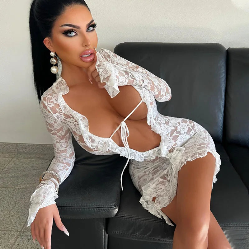 Women Lace See Through Deep V-neck Bodycon Mini Dress