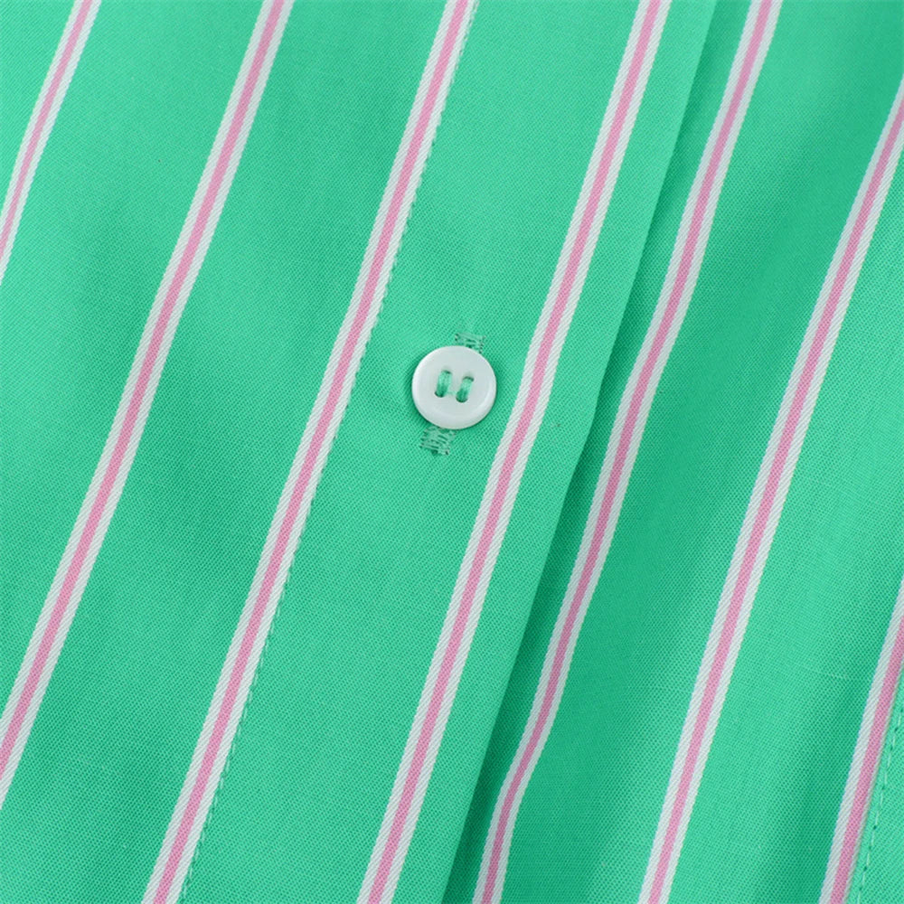 Women Green Long Sleeve Striped Collar Shirts