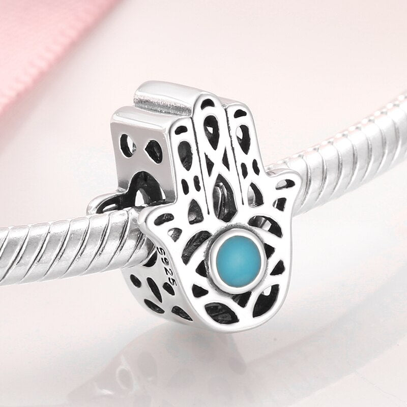Women 100% Real 925 Silver Blue Enamel Fatima Hand Bead Charms