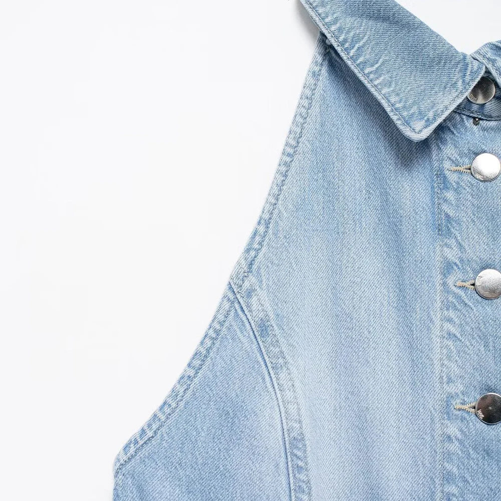 Women Halter Wide Leg  Light Denim Jumpsuit