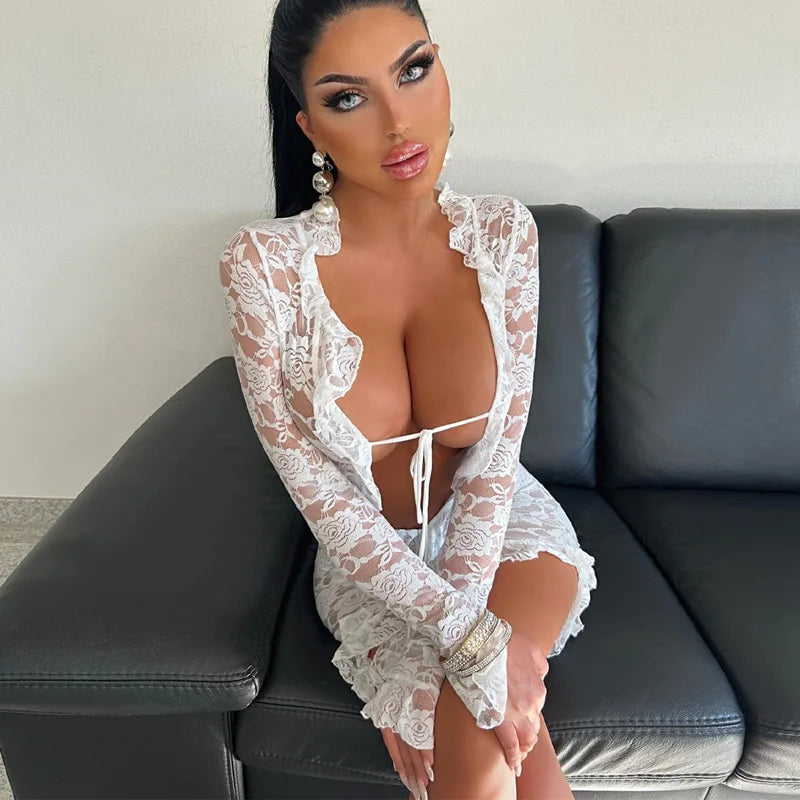 Women Lace See Through Deep V-neck Bodycon Mini Dress