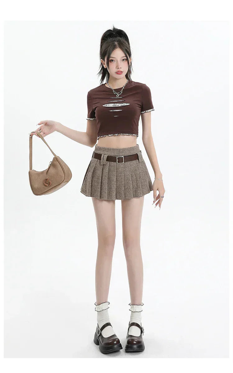 Women College Style Grid Pleated High Waist A-line Short Skirts