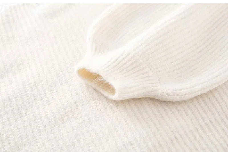 Women Thick Knitted Turtleneck Lantern Sleeve Short Pullover Sweater