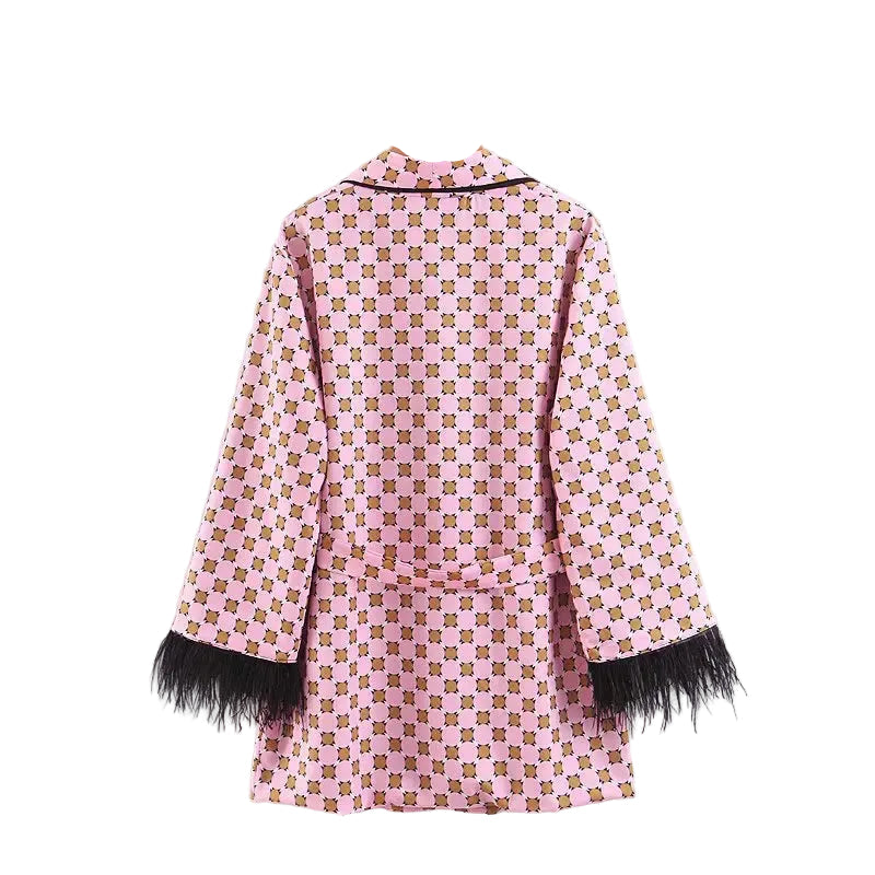 Women Kimono Jacket with Feather Detail + Pants Set