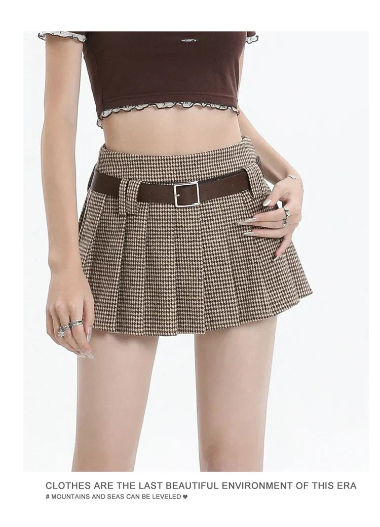 Women College Style Grid Pleated High Waist A-line Short Skirts