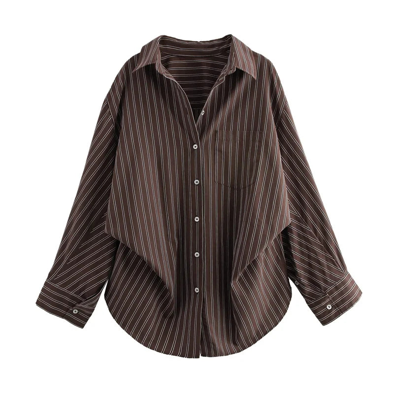 Women Long Sleeves Vertical Stripe Formal Shirt