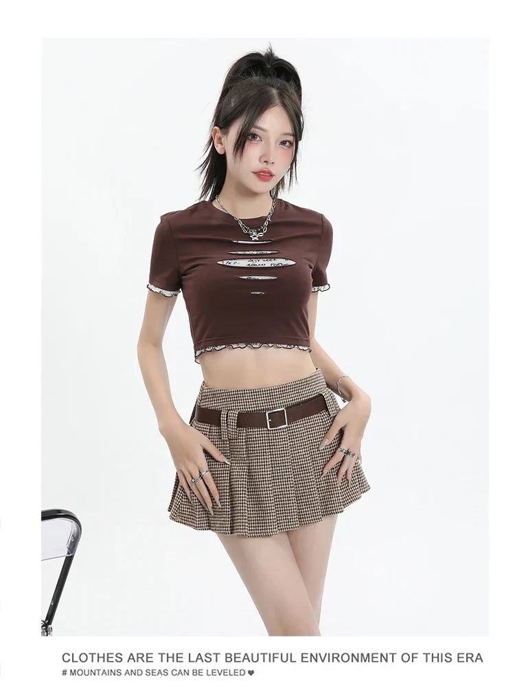 Women College Style Grid Pleated High Waist A-line Short Skirts
