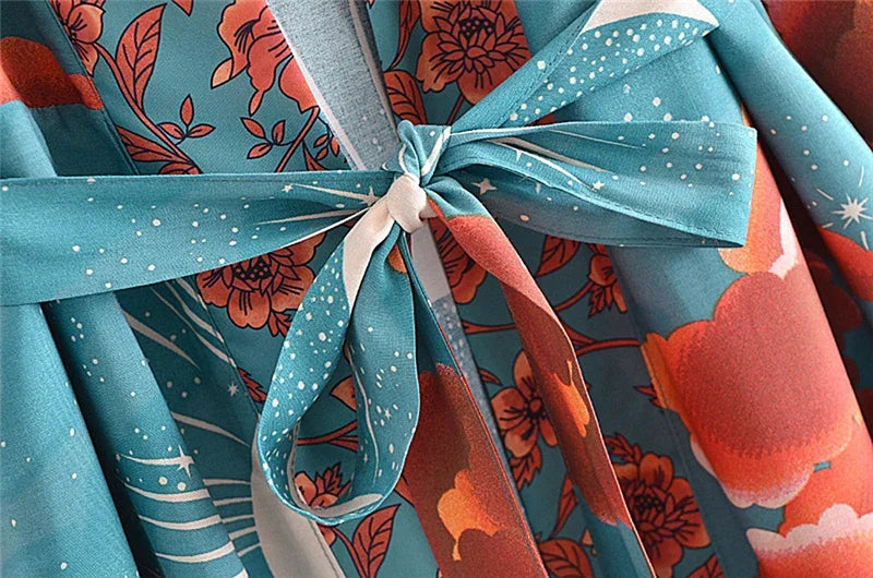 Women Star Floral Print Bat Sleeve Beach Kimono Dresses