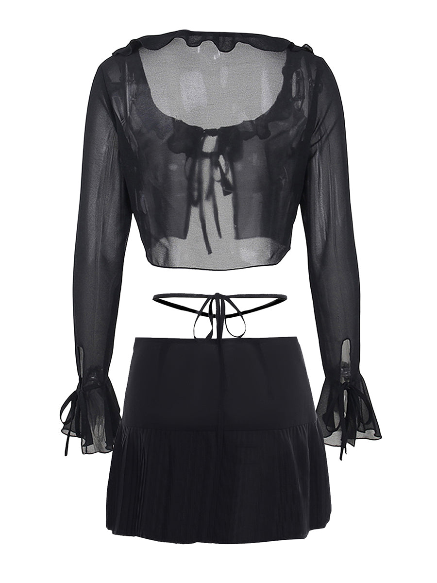 Women Sheer Chiffon Ruffle Tie Up Cardigan + Mini Skirt Outfits