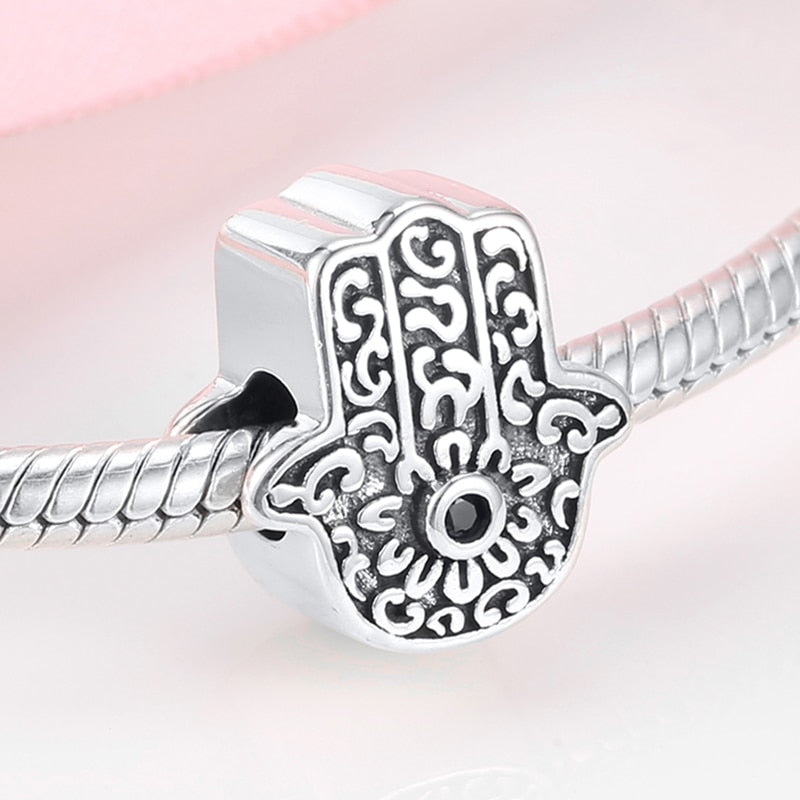 Women 100% Real 925 Silver Blue Enamel Fatima Hand Bead Charms