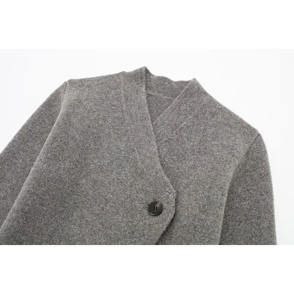 Women V-Neck Irregular Cardigans Knitted Elegant Skirt Grey Two Piece Outfits