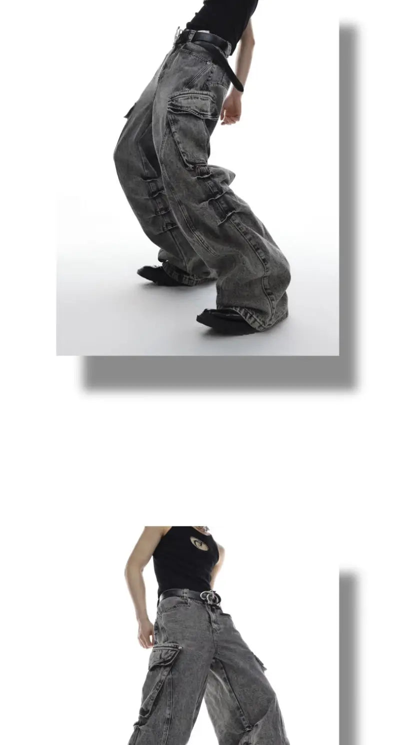 Men Casual Washed Straight Wide Leg Jeans