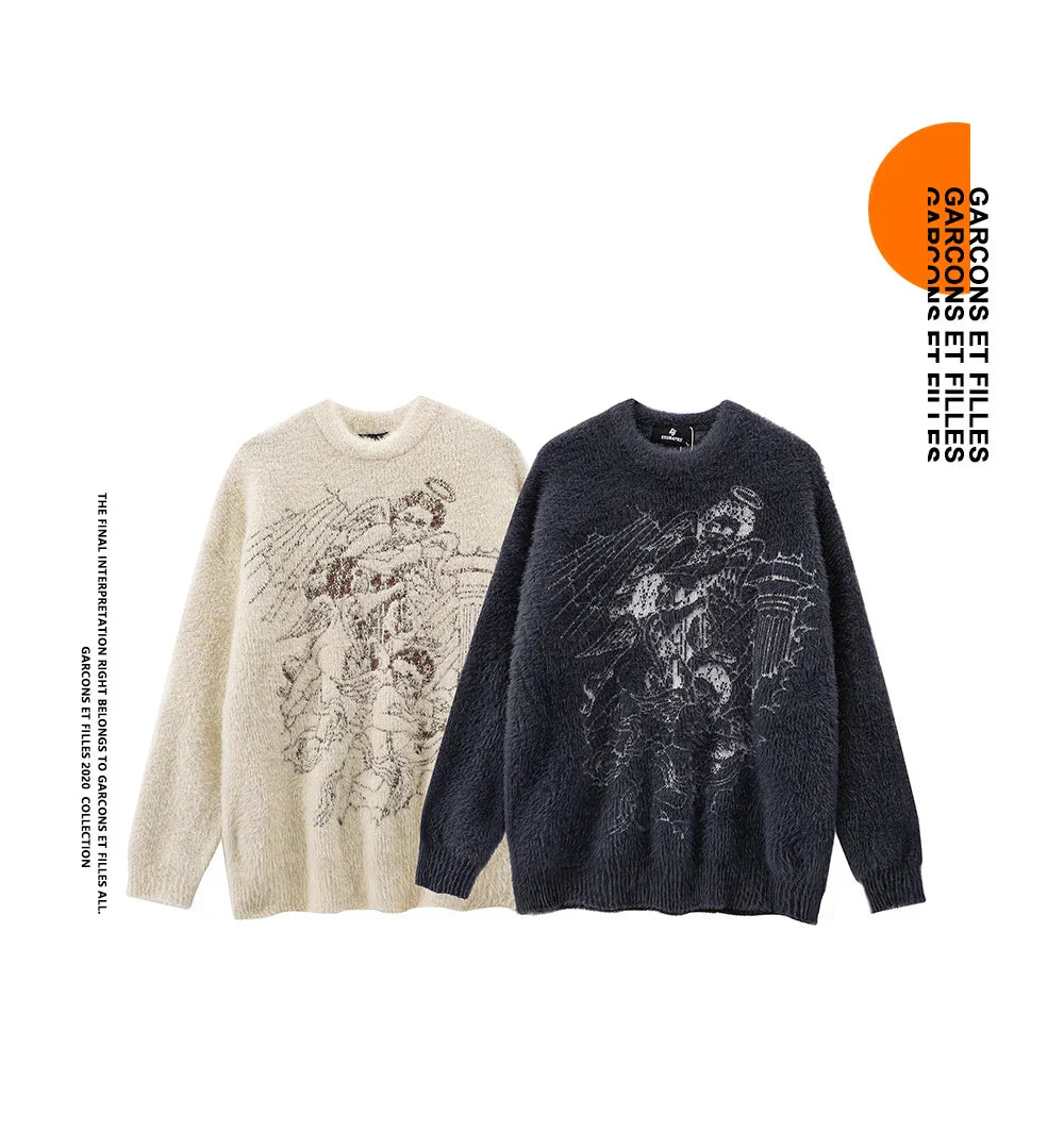 Women Angels Embroidery Cashmere Design Knitted Oversized Sweater