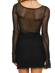 Women Black Mesh Party Dress Long Sleeve Dress