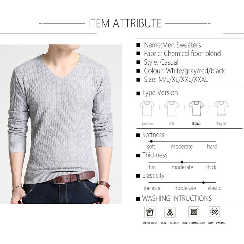 Mens V-collar Long Sleeve Knitted Sweater