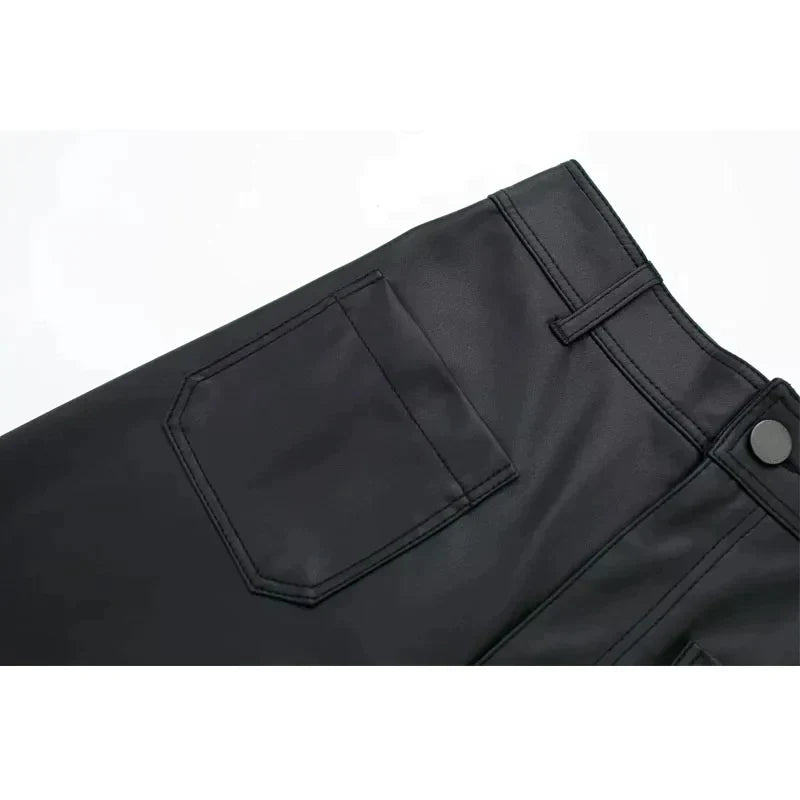 Women Casual Black Leather High Waist Wide Leg Pants