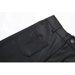 Women Casual Black Leather High Waist Wide Leg Pants