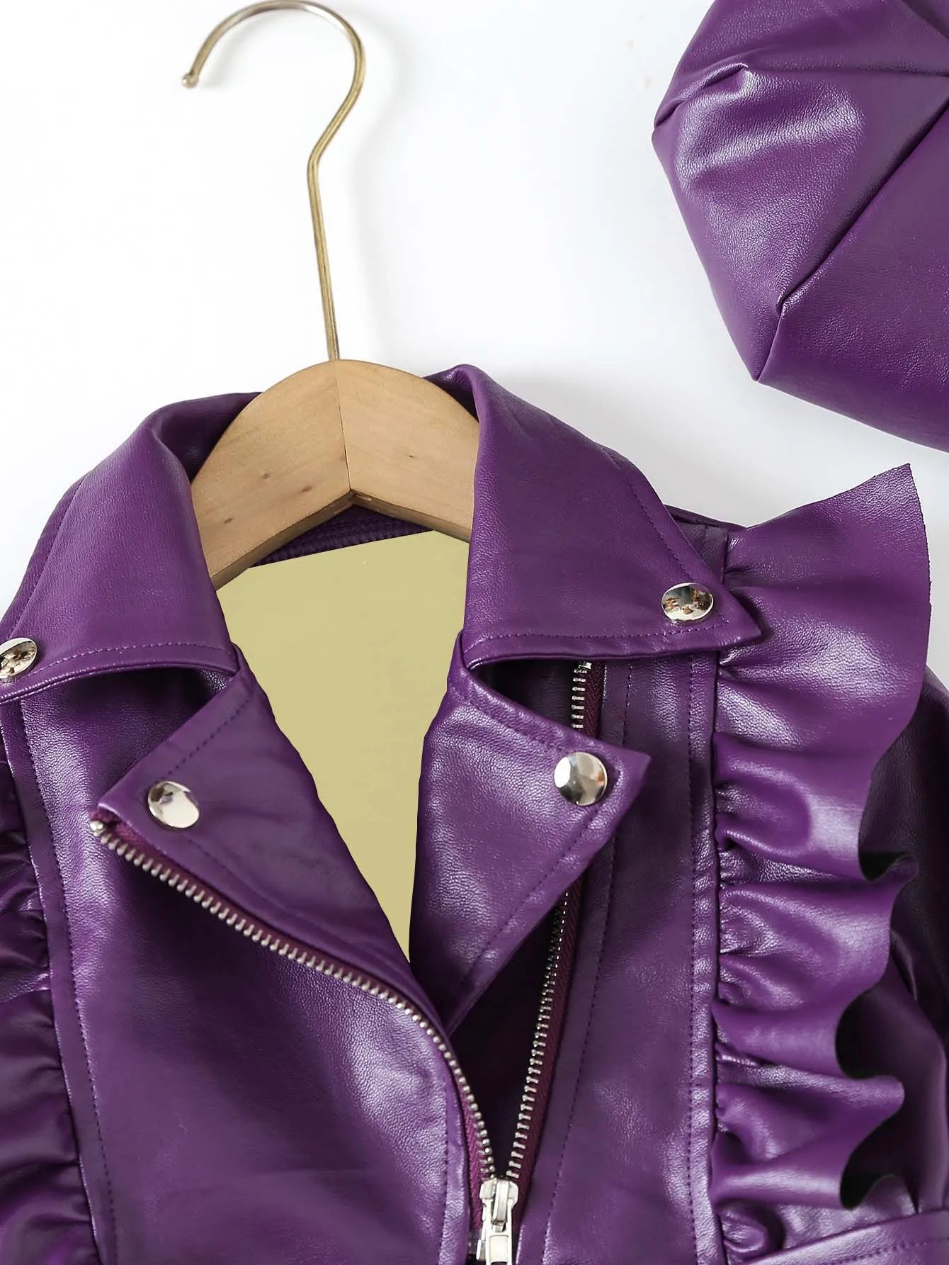 Kids Girl Ruffled Lapel Zipper Leather Motorcycle Jacket + Hat