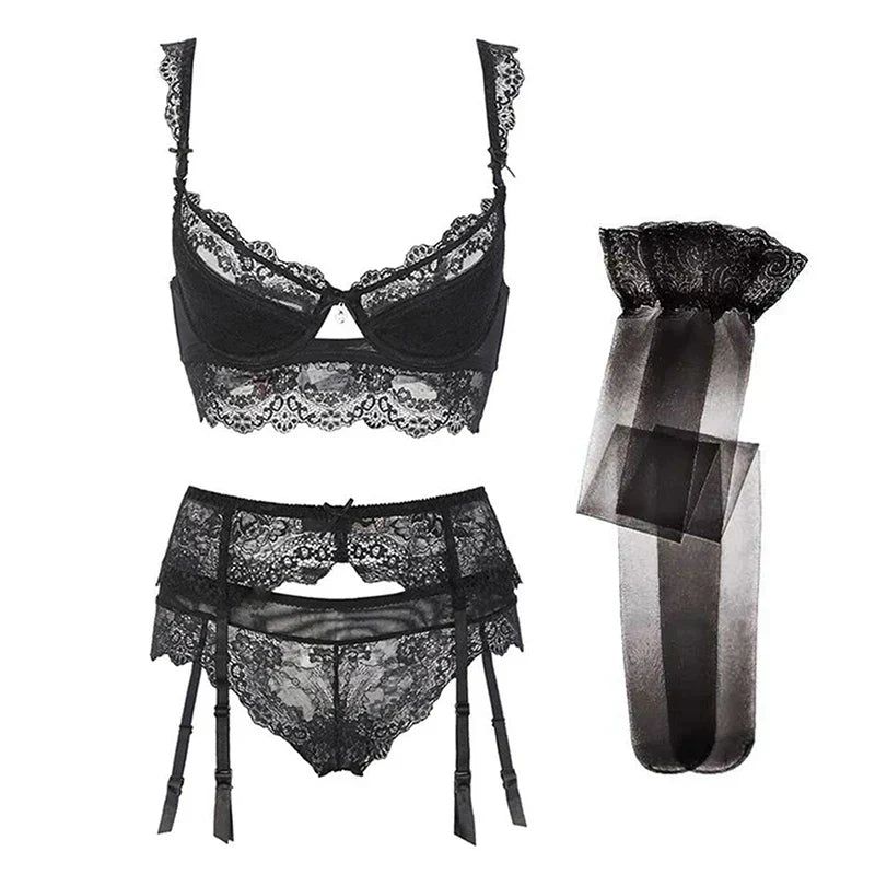 Women 4Pcs Lingerie Sexy Hosiery Set
