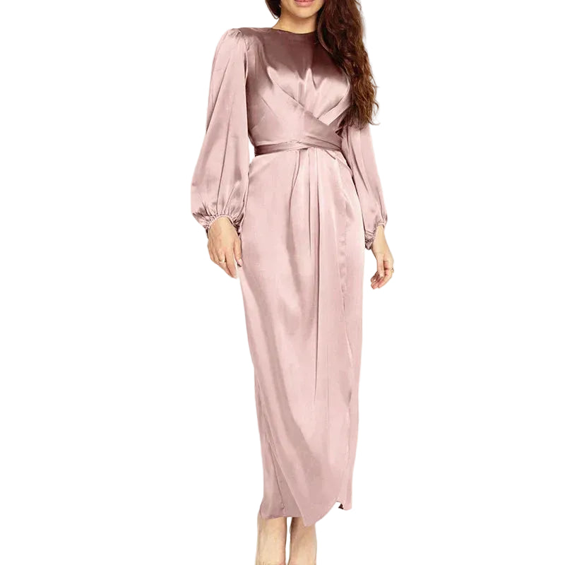 Women Satin Long Sleeve Front Tie Dress