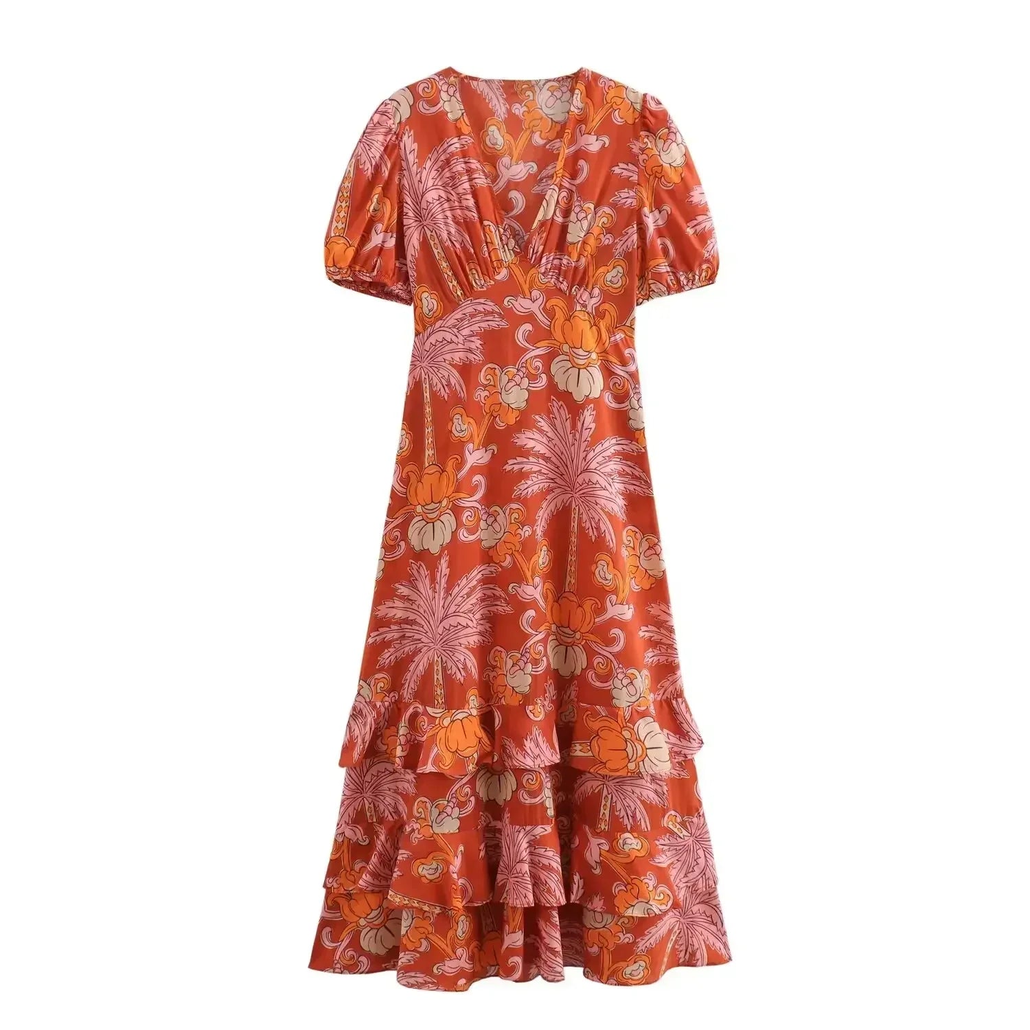 Women Casual Printed Pleats Short Sleeve Midi Dress