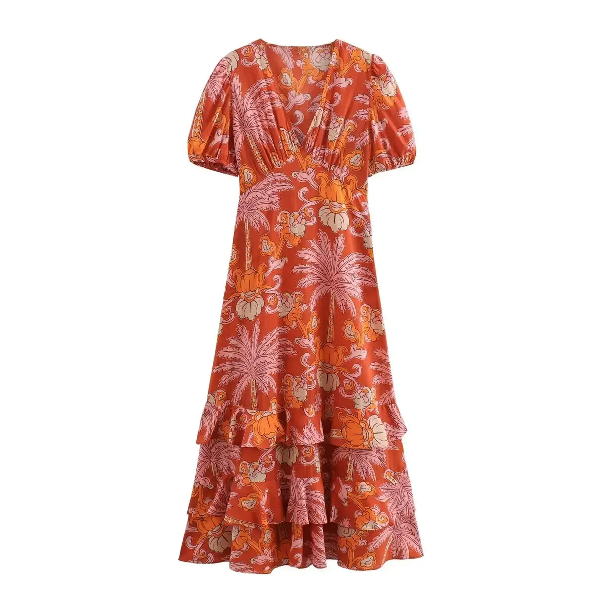 Women Casual Printed Pleats Short Sleeve Midi Dress