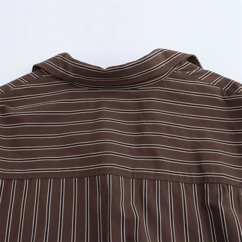 Women Long Sleeves Vertical Stripe Formal Shirt