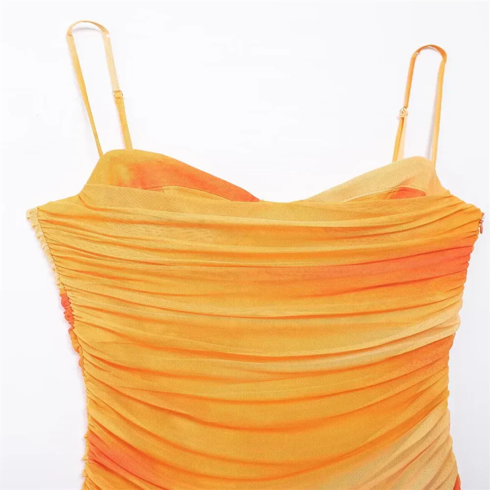Women Casual Pleated Printed Silk Mesh Dress