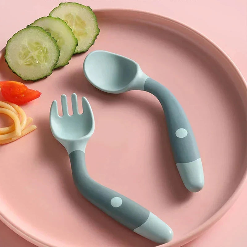 Kids Baby Spoon Fork Soft Bendable Silicone Scoop Fork Kit Tableware