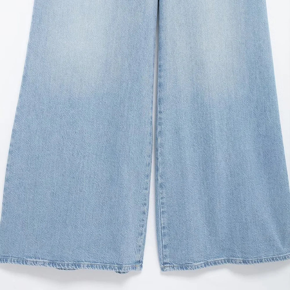 Women Halter Wide Leg  Light Denim Jumpsuit