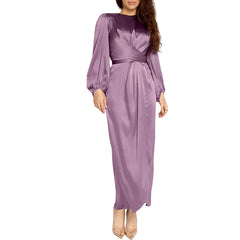 Women Satin Long Sleeve Front Tie Dress